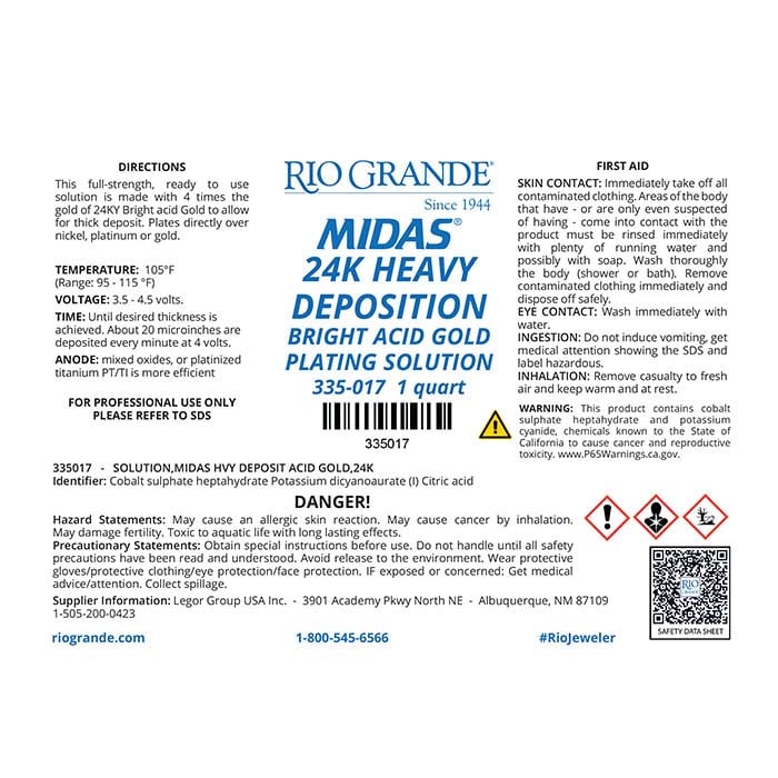 Solution de placage or jaune brillant 24 carats à dépôt lourd Midas®, à base d'acide