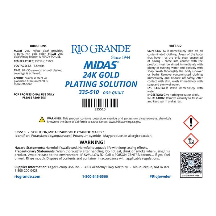 Midas® 24K Gold Plating Solution, Cyanide-Based