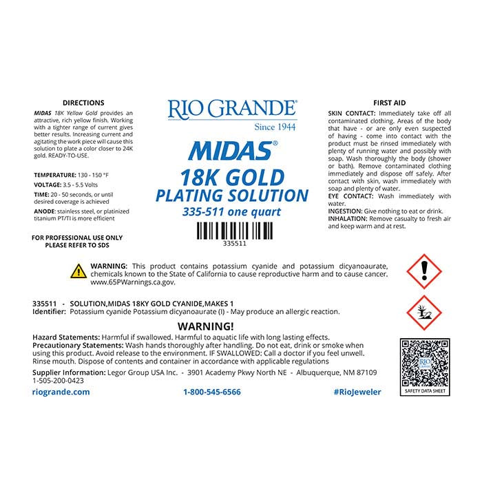 Solution de placage en or jaune 18 carats Midas®, à base de cyanure
