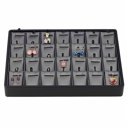Black and Steel Faux Leather Stackable 28-Compartment Pendant or Earring Tray