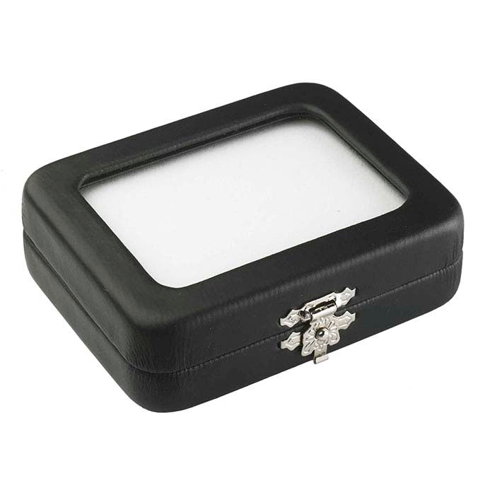 Black Faux Leather Gemstone Box with Glass Lid and Reversible Insert