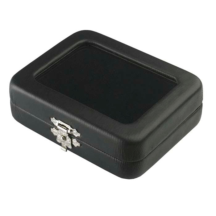 Black Faux Leather Gemstone Box with Glass Lid and Reversible Insert