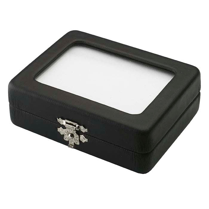 Black Faux Leather Gemstone Box with Glass Lid and Reversible Insert