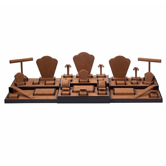 Chestnut Faux Suede Travel Display Collection with Faux Leather Trim, 35-Piece
