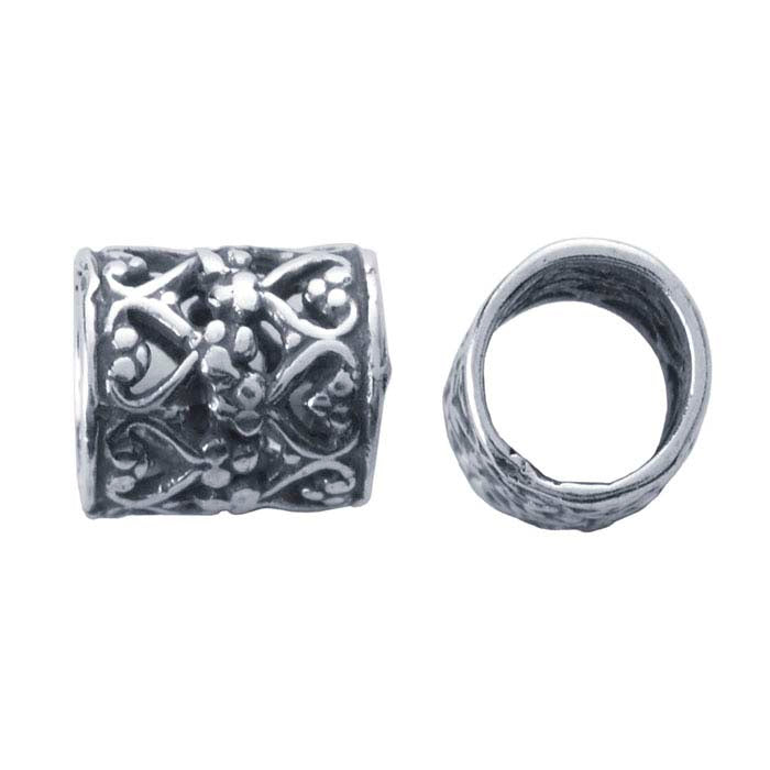 Sterling Silver 7.1 x 6mm Tube Oxidized Patterned Bead