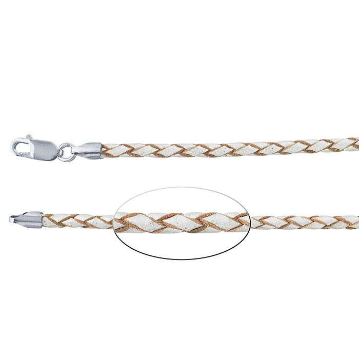 Pearl-Color Leather 3mm Braided Cord Necklace with Rhodium-Plated Sterling Silver Clasp