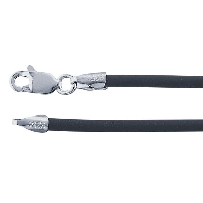 Black Rubber 2mm Cord Necklace with Sterling Silver Clasp