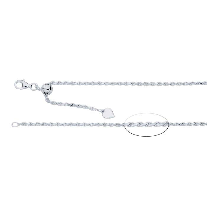 Sterling Silver 2mm Diamond-Cut French Rope Chain Necklace, Adjustable