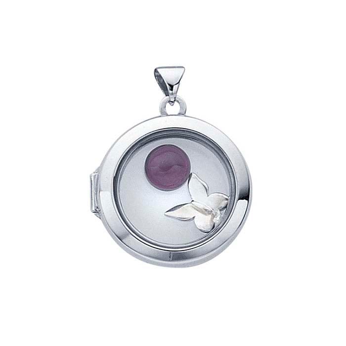 Sterling Silver Rhodium-Plated Round Floating Glass Locket Pendant
