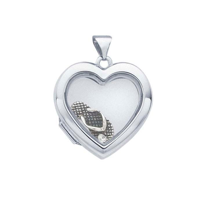 Sterling Silver Rhodium-Plated Heart Floating Glass Locket Pendant