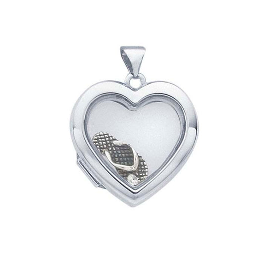 Sterling Silver Rhodium-Plated Heart Floating Glass Locket Pendant