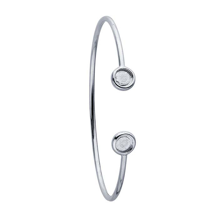 Sterling Silver Rhodium-Plated 6mm Round Cabochon Flex Tube Bracelet Mounting