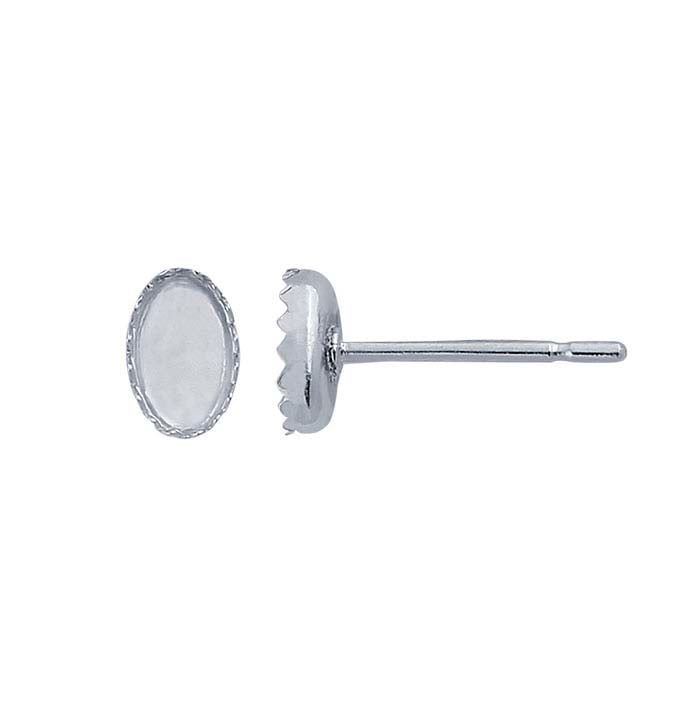 Sterling Silver 5 x 3mm Oval Serrated Cabochon Post Earring Mounting