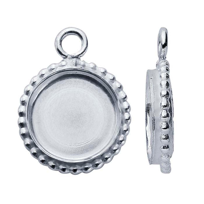 Sterling Silver 8mm Round Beaded-Edge Cabochon Pendant Mounting with Ring