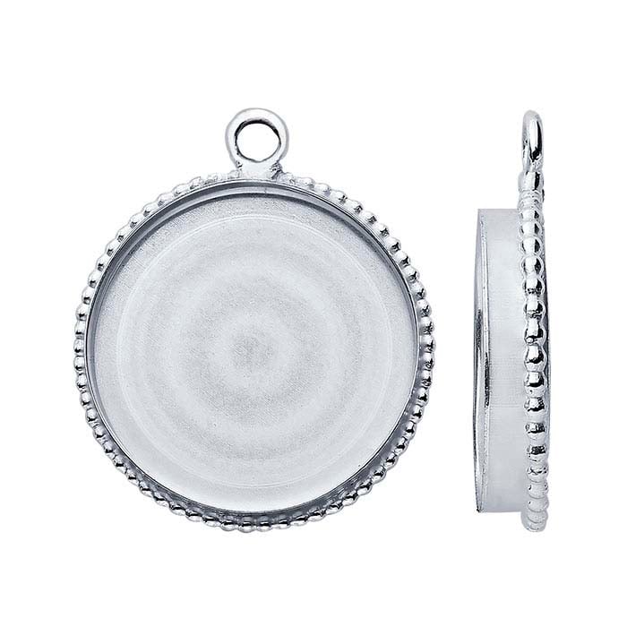 Sterling Silver Round Beaded-Edge Cabochon Pendant Mountings with Ring