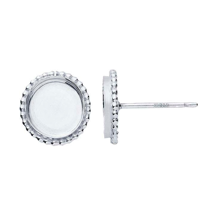 Sterling Silver 8mm Round Beaded-Edge Cabochon Post Earring Mounting