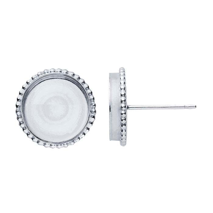 Sterling Silver 10m Round Beaded-Edge Cabochon Post Earring Mounting