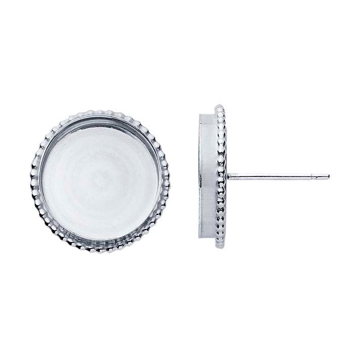 Sterling Silver Round Beaded-Edge Cabochon Post Earring Mounting