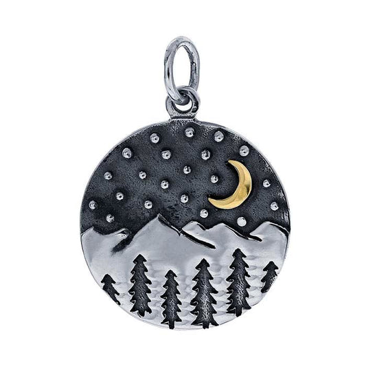 Sterling Silver Round Pendant with Sky, Mountain and Forest