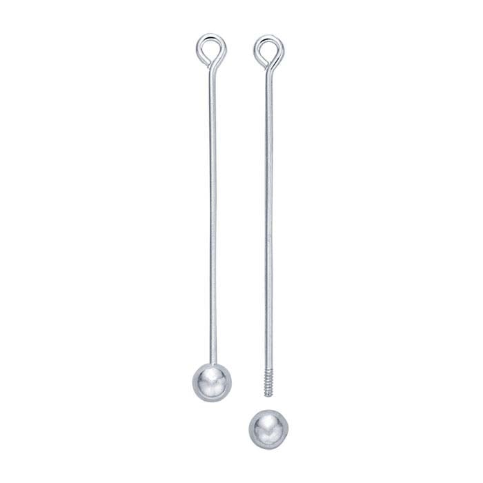 Sterling Silver 3mm Threaded Ball 25.4mm Eye Pin, 0.64mm, 1/2-Hard