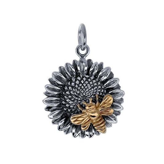 Sterling Silver Sunflower Pendant with Bronze Bee