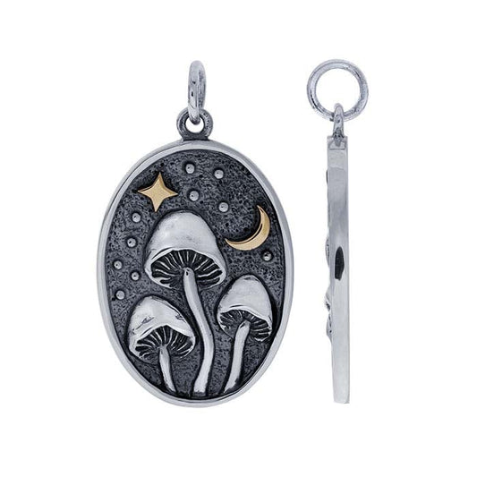 Sterling Silver Mushroom with Bronze Star and Moon Pendant
