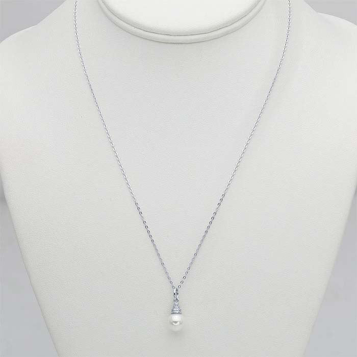 Sterling Silver White Shell Pearl Drop Necklace with CZs