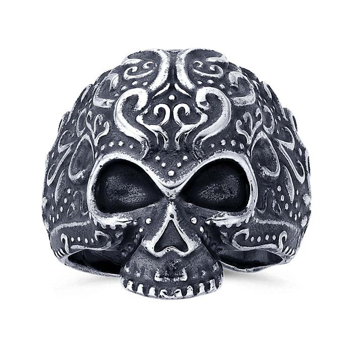 Sterling Silver Floral Skull Ring, Adjustable