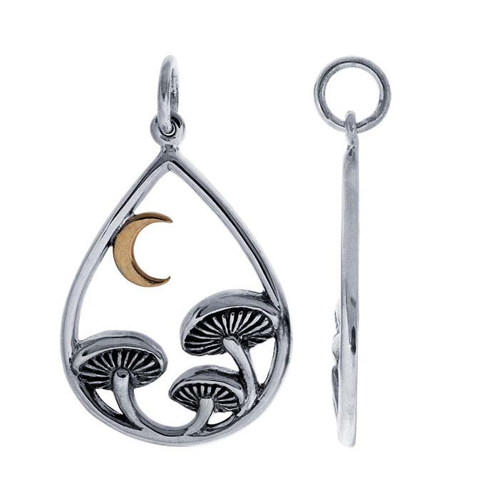 Sterling Silver Mushrooms and Bronze Moon Charm