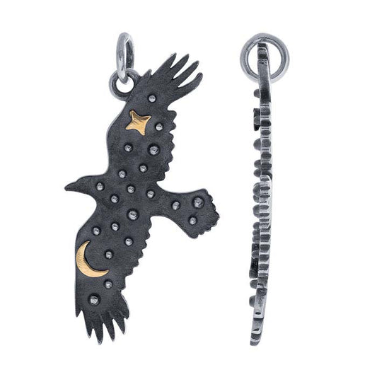 Sterling Silver Raven Pendant with Star & Moon