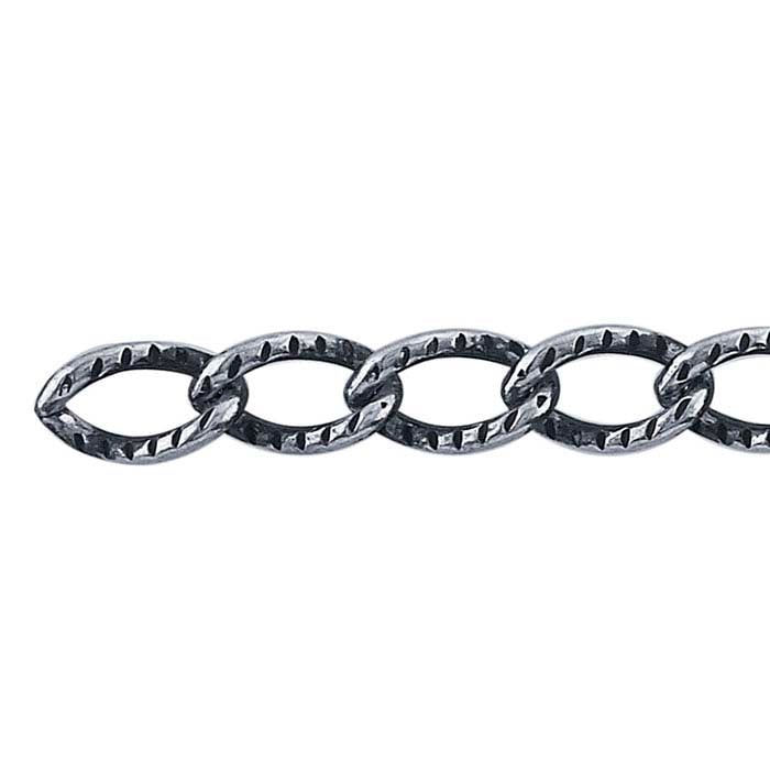 Sterling Silver Oxidized 3.4mm Patterned Oval Curb Chain, By the Foot