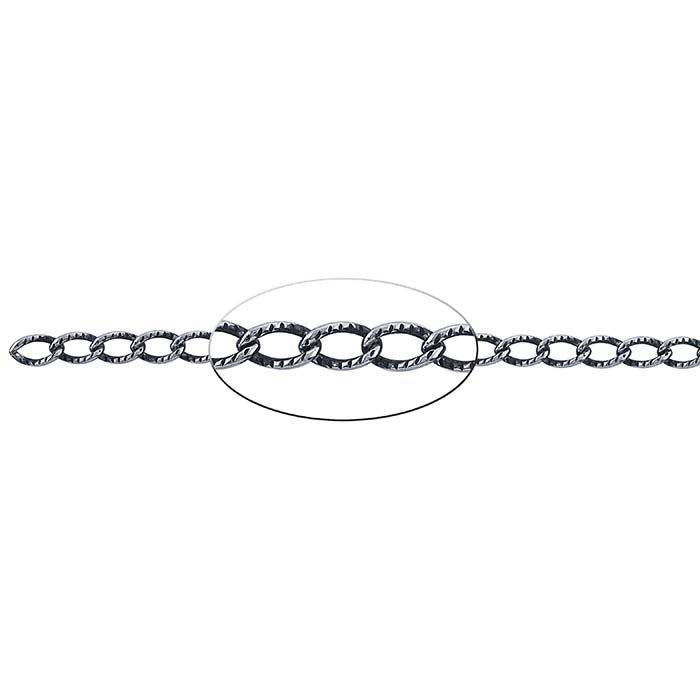 Sterling Silver Oxidized 3.4mm Patterned Oval Curb Chain, By the Foot