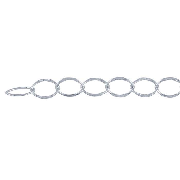 Sterling Silver 6.4mm Hammered Flat Oval Cable Chain, By the Foot