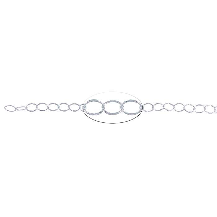 Sterling Silver 6.4mm Hammered Flat Oval Cable Chain, By the Foot