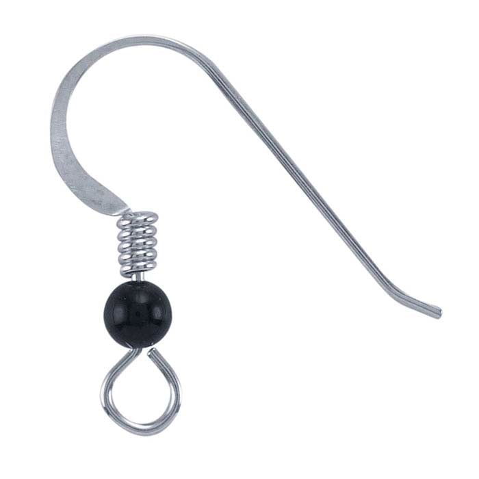 Sterling Silver Hammered Ear Wire with Loop, Onyx Bead and Coil