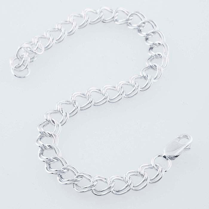 Sterling Silver 6.4mm Double-Cable Chain Charm Bracelet