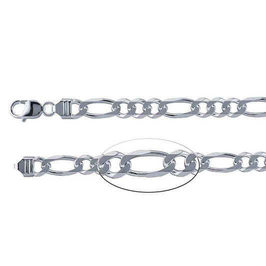 Sterling Silver 8.1mm Diamond-Cut Figaro Chain Bracelet