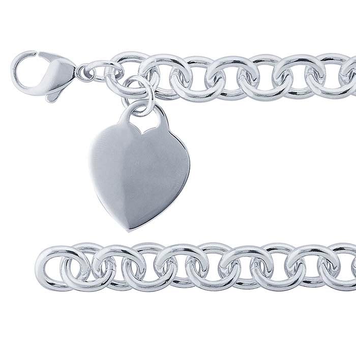 Sterling Silver 10mm Cable Chain Bracelet with Heart Plaque