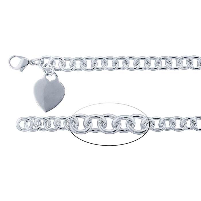 Sterling Silver 10mm Cable Chain Bracelet with Heart Plaque