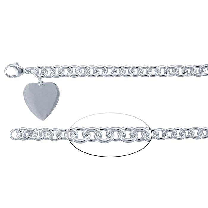 Sterling Silver 7.7mm Cable Chain Bracelet with Heart Plaque