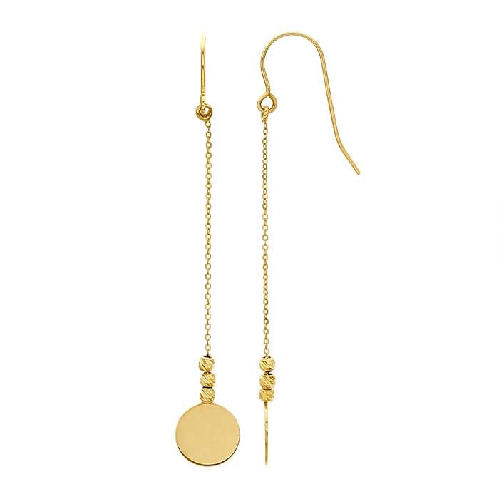 14K Yellow Gold Earrings with Diamond-Cut Bead and Disc Drop