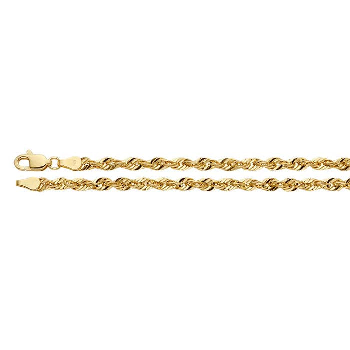 Cadena Francesa Hueca de Cuerda con Corte Diamante de 3.2mm en Oro Amarillo 14K