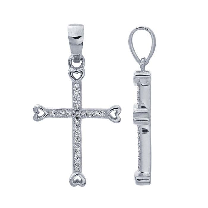 14K White Gold Diamond-Set Cross with Hearts Pendant
