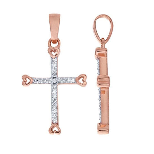 14K roséguld kors med hjärtan och infattade diamanter, hänge