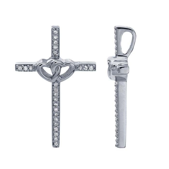 14K White Gold Diamond-Set Cross with Two Hearts Pendant