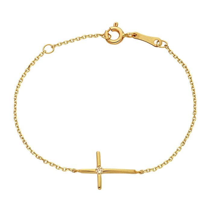 14K Yellow Gold Cable Chain Bracelet with CZ-Set Cross