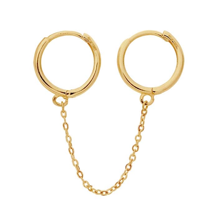 14K Yellow Gold Double Huggie Earrings with Chain