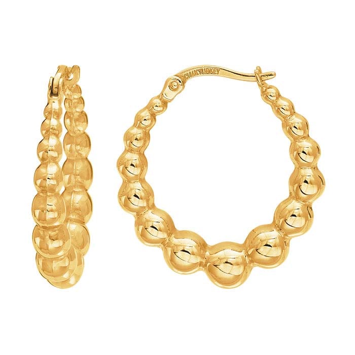 14K Yellow Gold Graduated Puff Bead Hoop Earring
