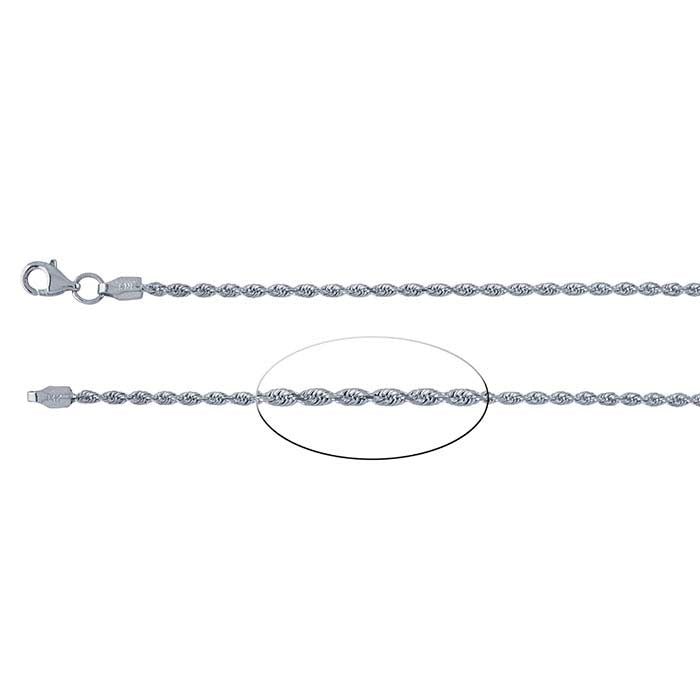 14K White Gold 1.7mm Diamond-Cut Solid Rope Chain