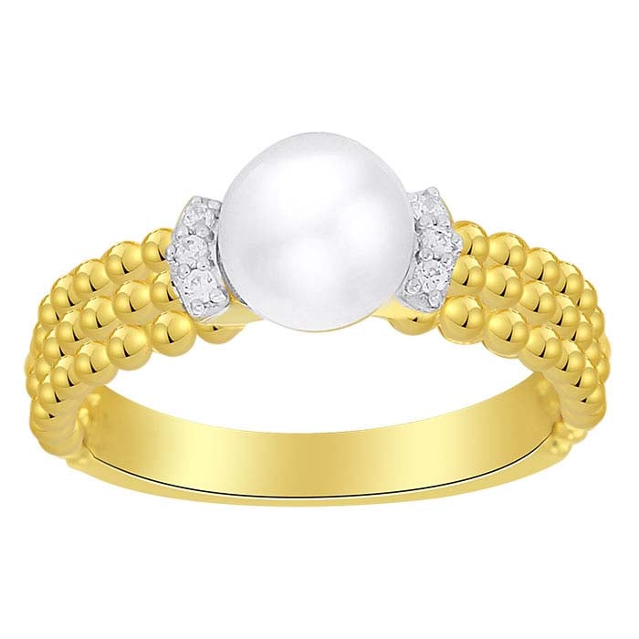 14K Yellow Gold Diamond- & Pearl-Set Beaded Ring